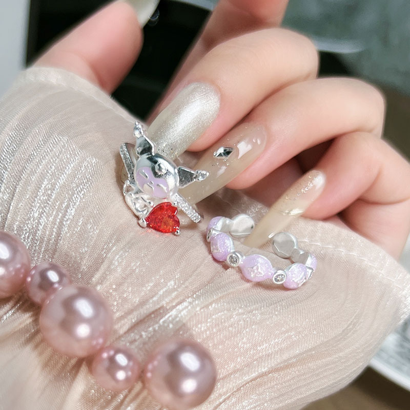 Cute cartoon student silver-plated Kuromi fashion and personality ring, sweet and cool female charm, purple drip glaze niche ring details Picture