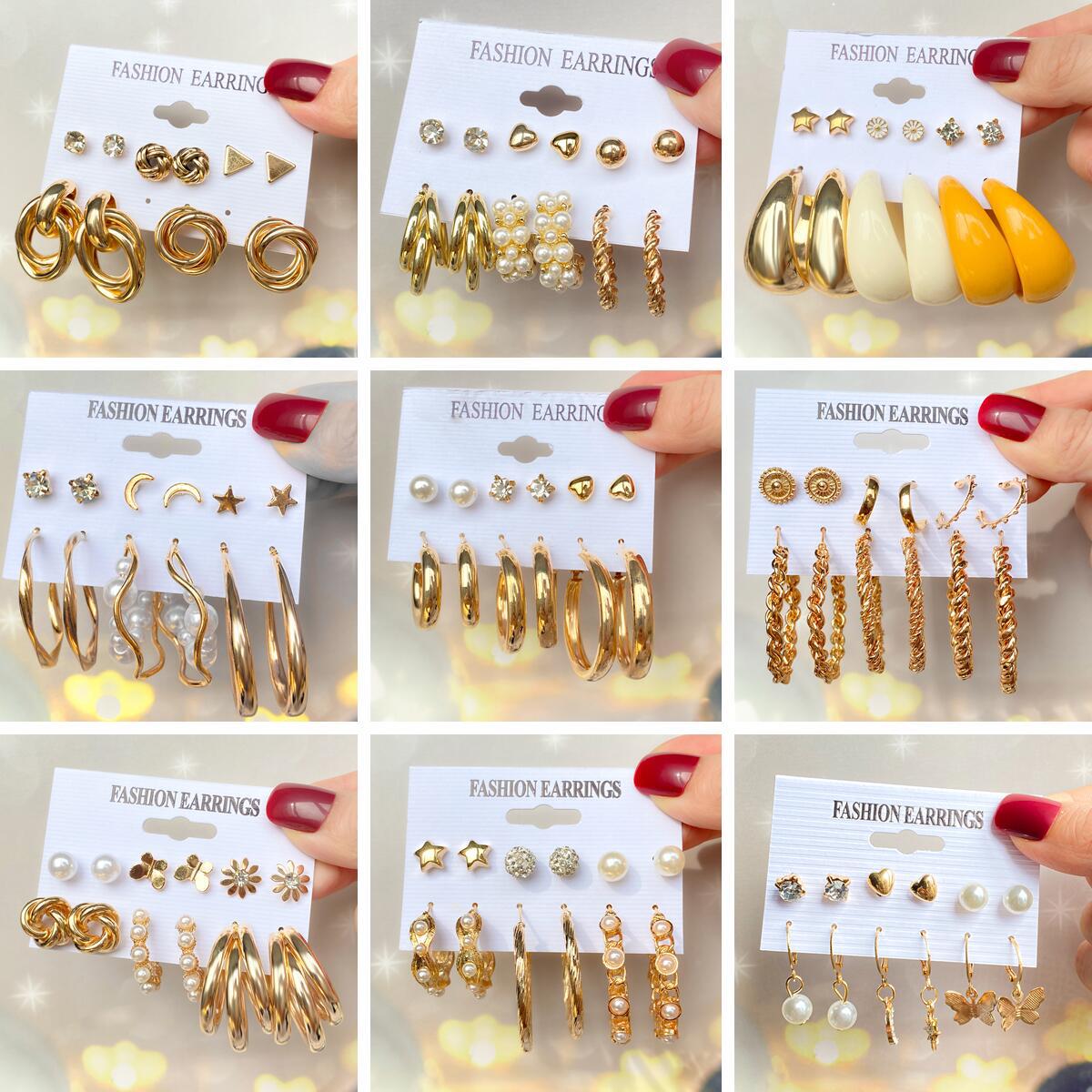 A 6-piece set of cross-border earrings from Europe and America, a creative, simple and retro heart-shaped star chain stud set from the Korean jewelry world full figure