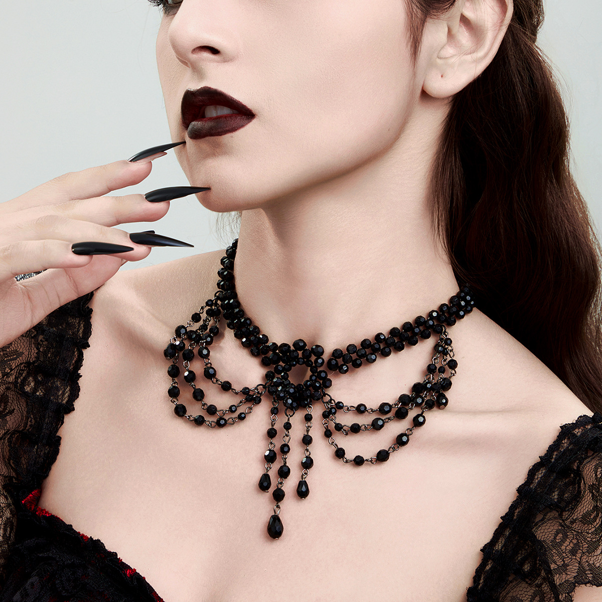 European and American cross-border jewelry, court-style black lace collarbone chain, retro cross crystal beaded tassel necklace details Picture