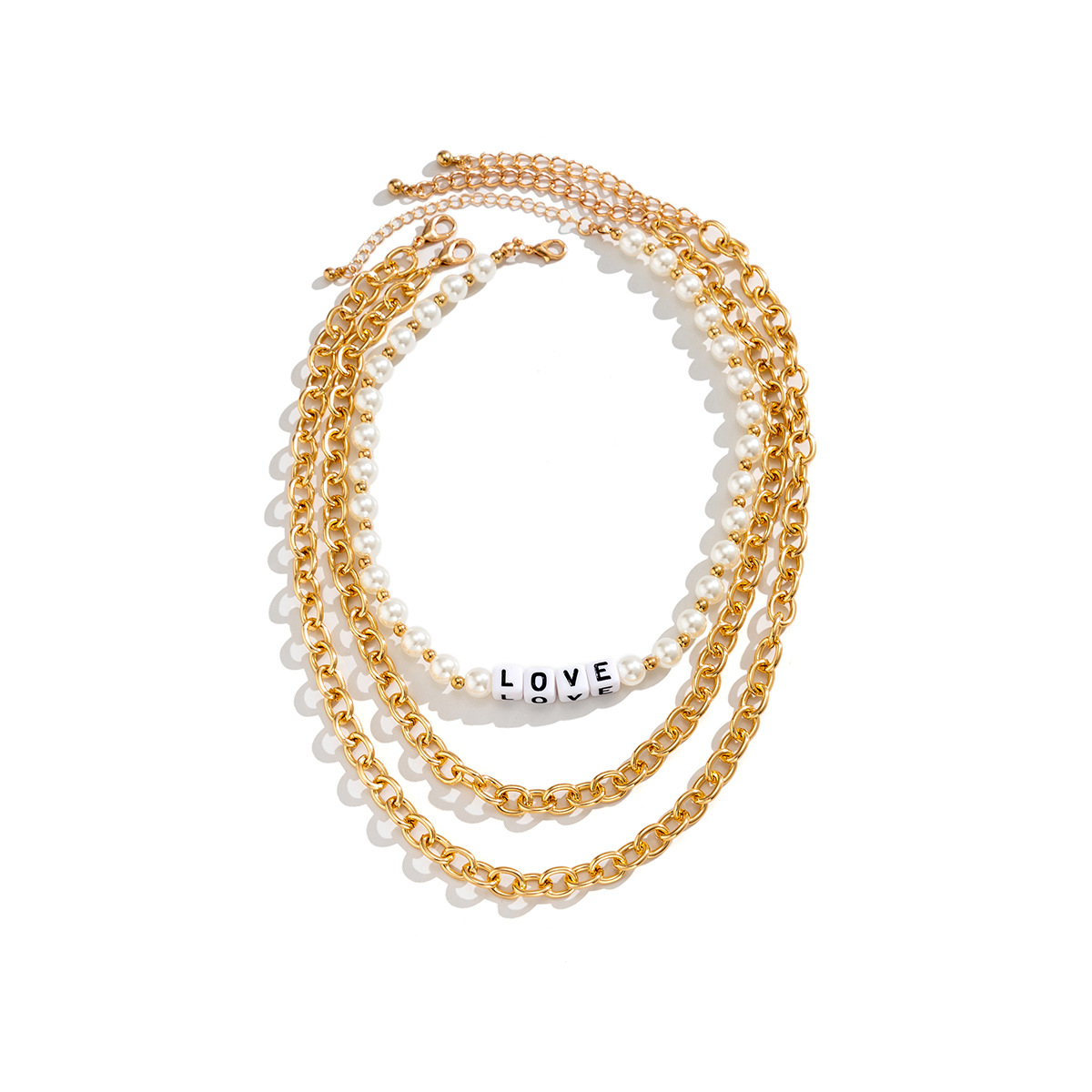 European and American cross-border jewelry, exaggerated and unique thick chain beaded necklace, female alloy imitation pearl sweet and cool letter necklace Item Picture
