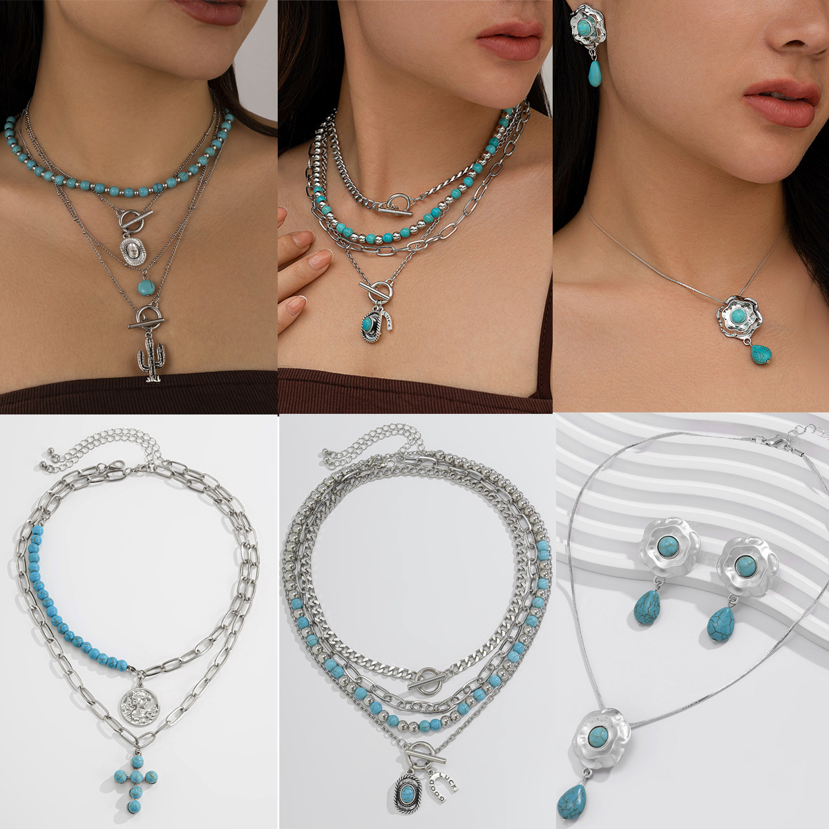 European and American cross-border jewelry fashion multi-layer turquoise imitation necklace set, hexagonal star alloy geometric collarbone chain full figure