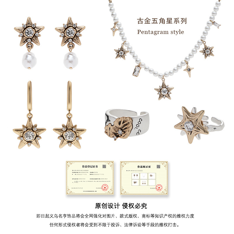 Original light luxury ins ancient gold five-pointed star necklace for women, French retro pearl collarbone chain, versatile and high-end necklace Application Scenario