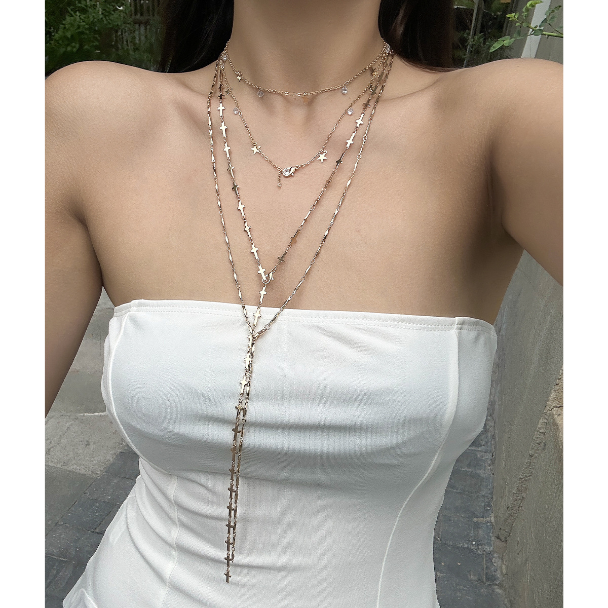 European and American cross-border jewelry, fashionable crystal Y-shaped copper chain necklace, simple geometric multi-layer tassel collarbone chain Specification drawing