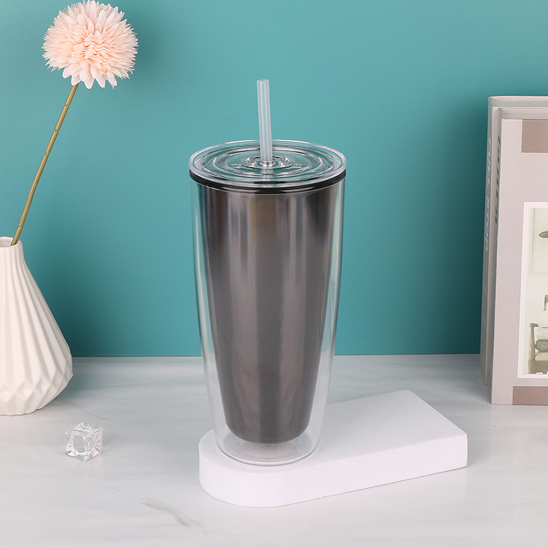 Wholesale of the new best-selling plastic water cups on Amazon, double-layer straw cups with high appearance standards for both men and women, and creative couple cups Specification drawing