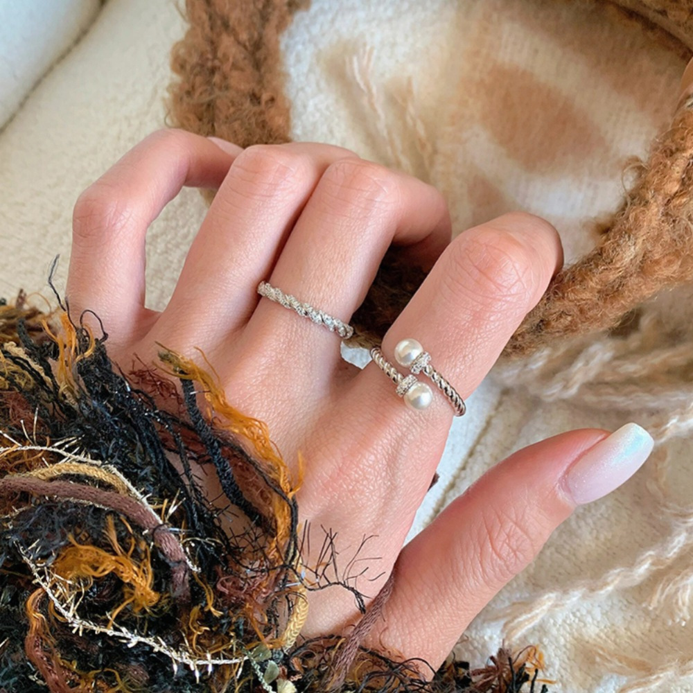 Vintage twisted double pearl ring for women, 925 sterling silver ring, a niche high-end feel, light luxury, versatile open index finger ring Specification drawing