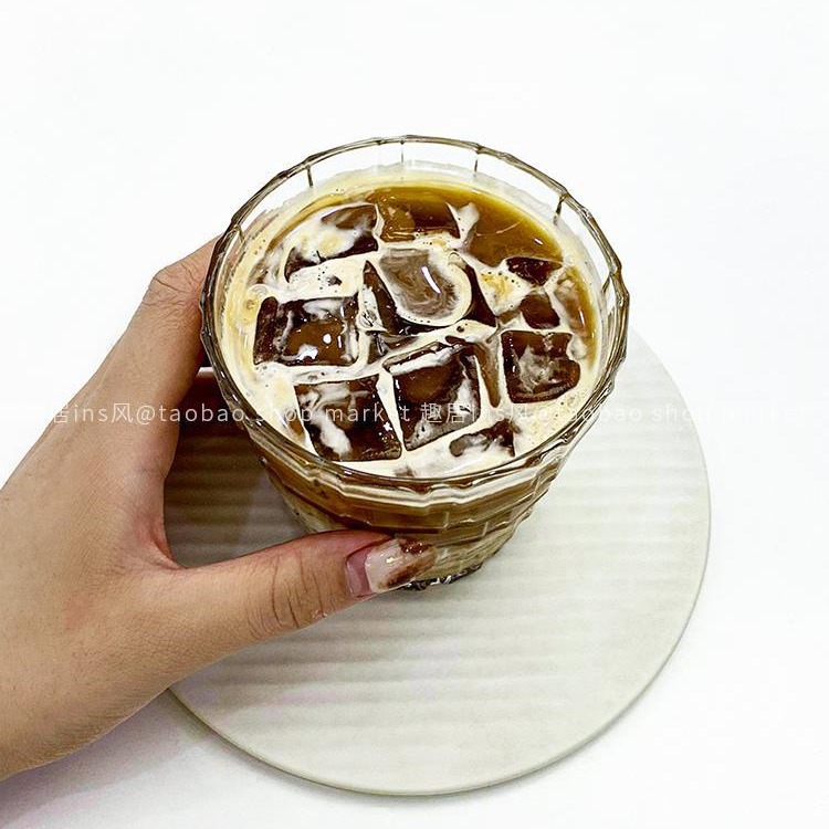Creative high appearance level engraved stacked cup, home living room latte coffee glass cup, condensed ice American cold drink cup Application Scenario