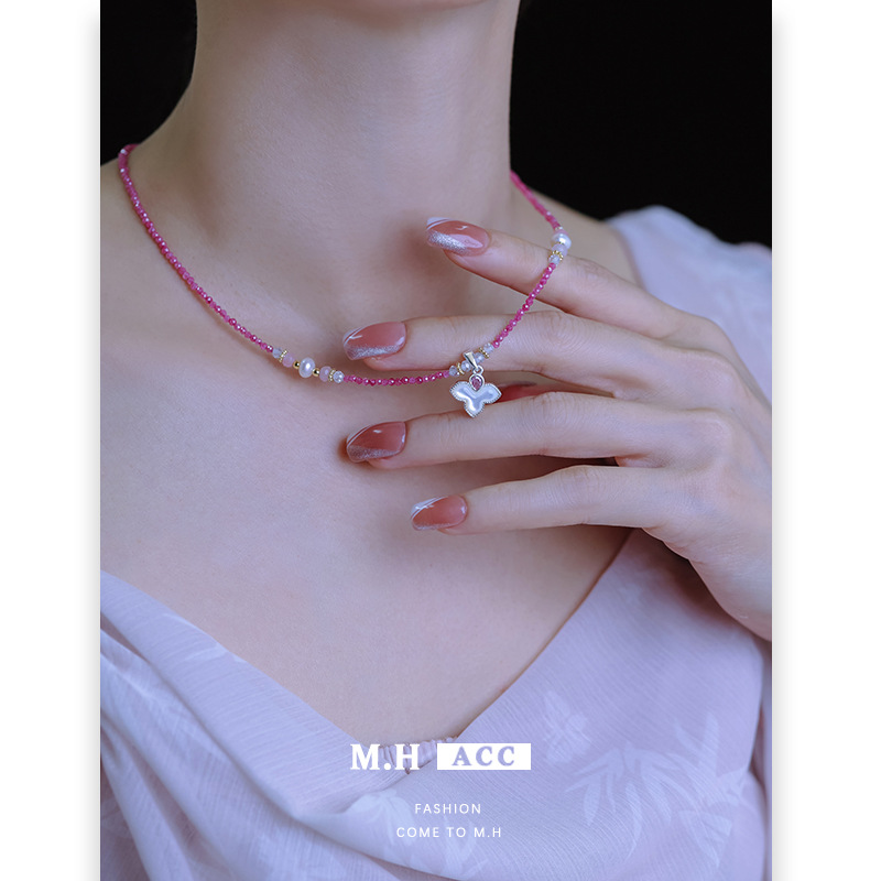 Dopamine pink Zircon shell necklace, a new trendy, light luxury and niche design, natural freshwater pearl accessory for women details Picture