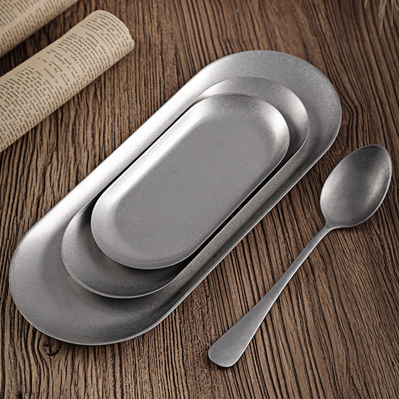 Japanese-style retro aged stainless steel snowflake grey oval plate, dessert restaurant tray, towel plate, accessory storage plate details Picture
