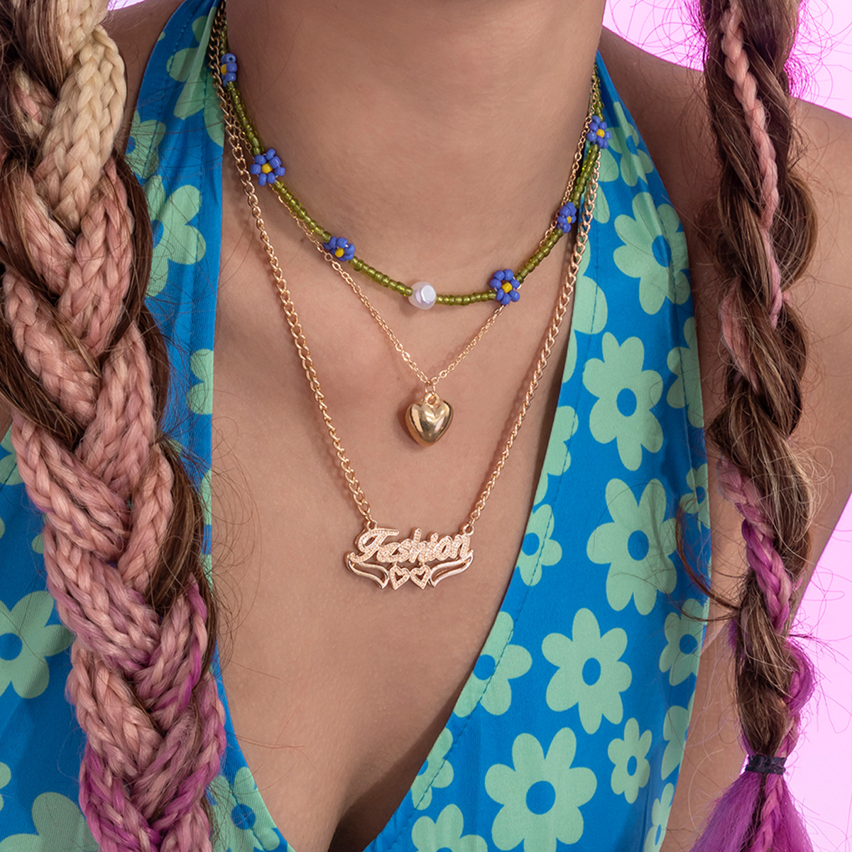 Retro imitation pearl stacked rice bead sweet collarbone chain necklace, European and American punk style heart letter pendant necklace for women full figure