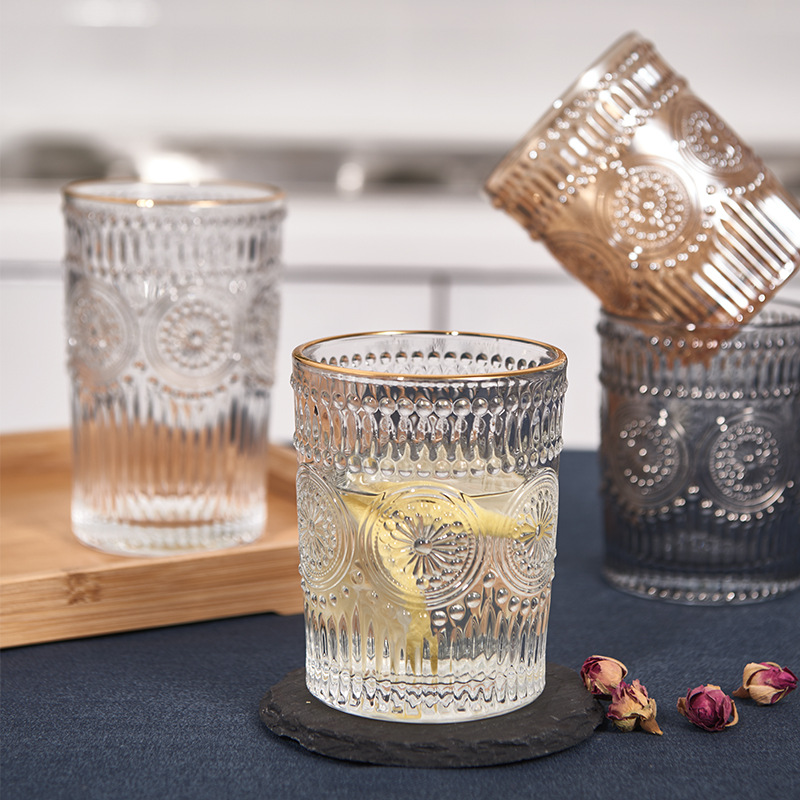 Ins-style sunflower water cup, retro relief glass cup, women's coffee cup, popular cold drink cup, golden edge household cup Specification drawing