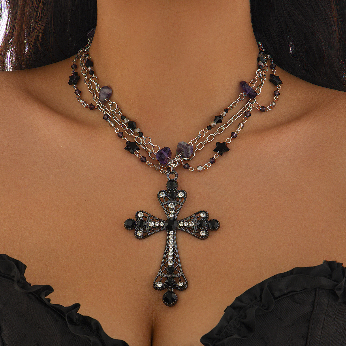 European and American cross-border jewelry, Gothic cross alloy necklace, simple multi-layer crystal tassel collarbone chain for women full figure