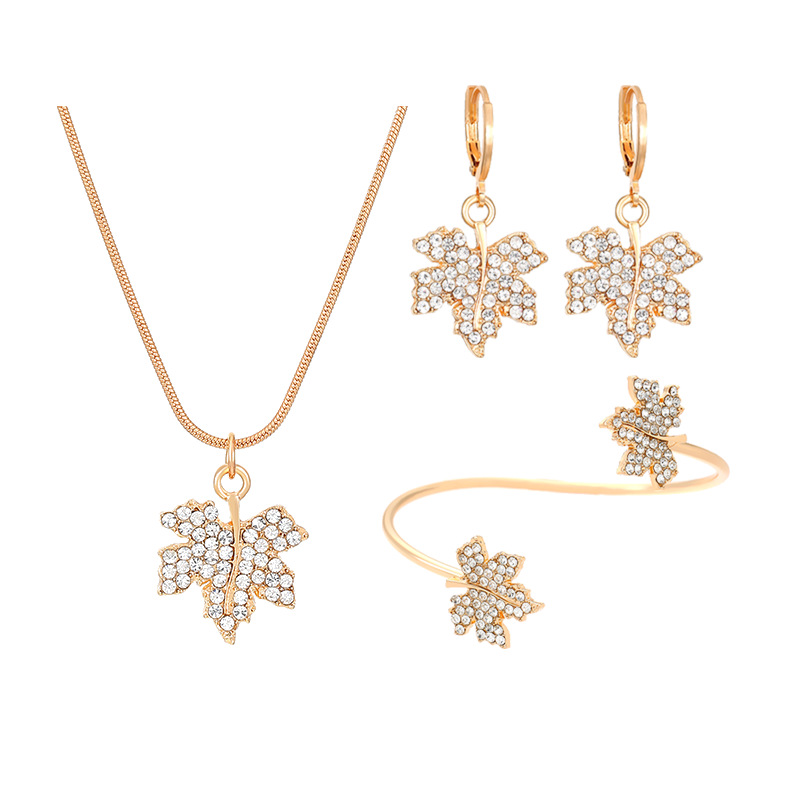 European and American ins style maple leaf necklace, earrings and bracelet set, high-end and light luxury autumn and winter diamond-encrusted jewelry three-piece set for women Item Picture