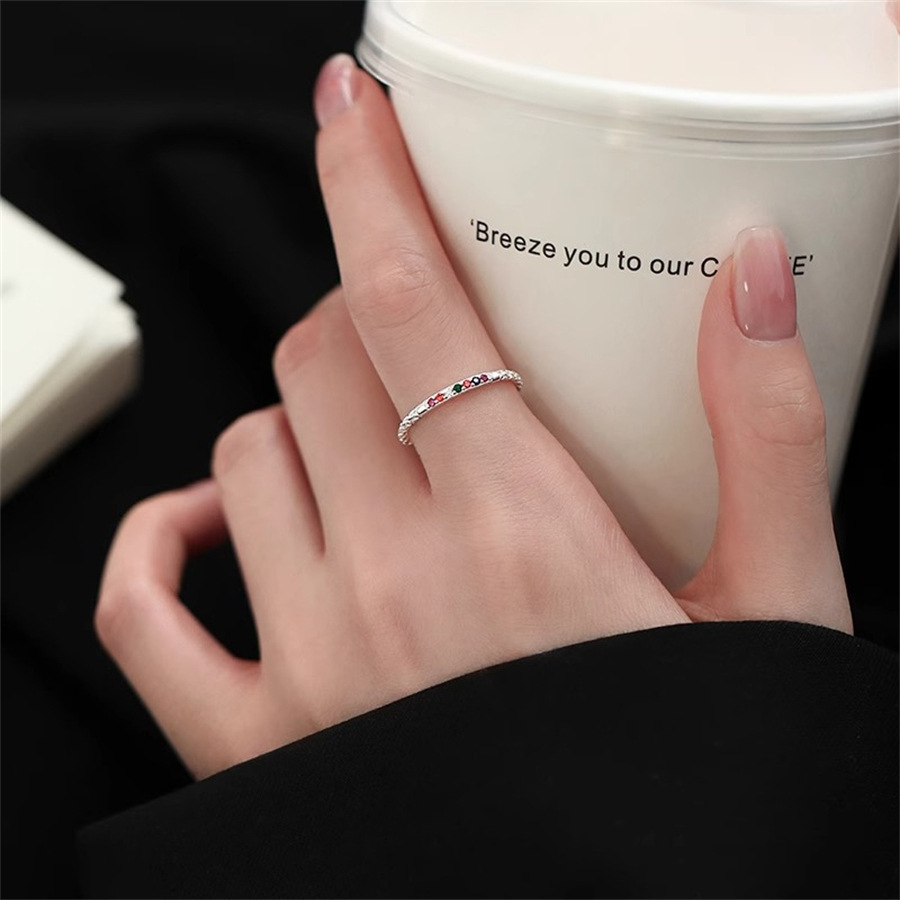Rainbow fine sparkling diamond ring for women, 925 silver, niche design, light luxury index finger ring, simple ring, versatile open ring tail ring full figure