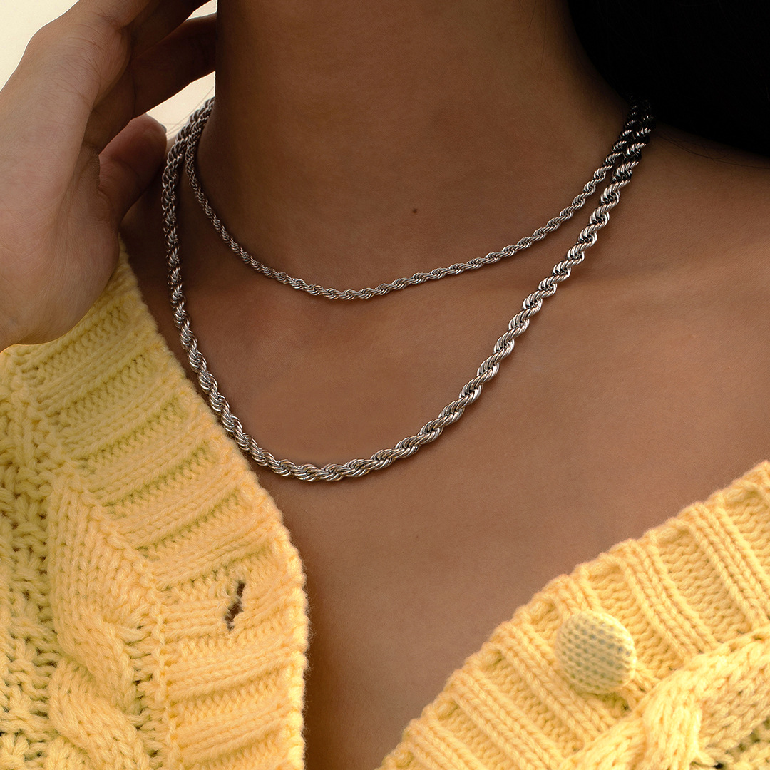 European and American cross-border jewelry hip-hop simple geometric twist chain necklace, personalized street style double-layer metal set necklace details Picture