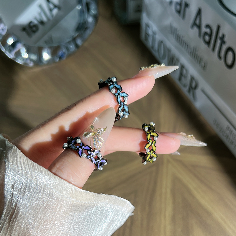 Cross-border punk dark irregular butterfly pearl drip glaze open ring for women, gender-neutral style, sweet and cool personality ring Specification drawing