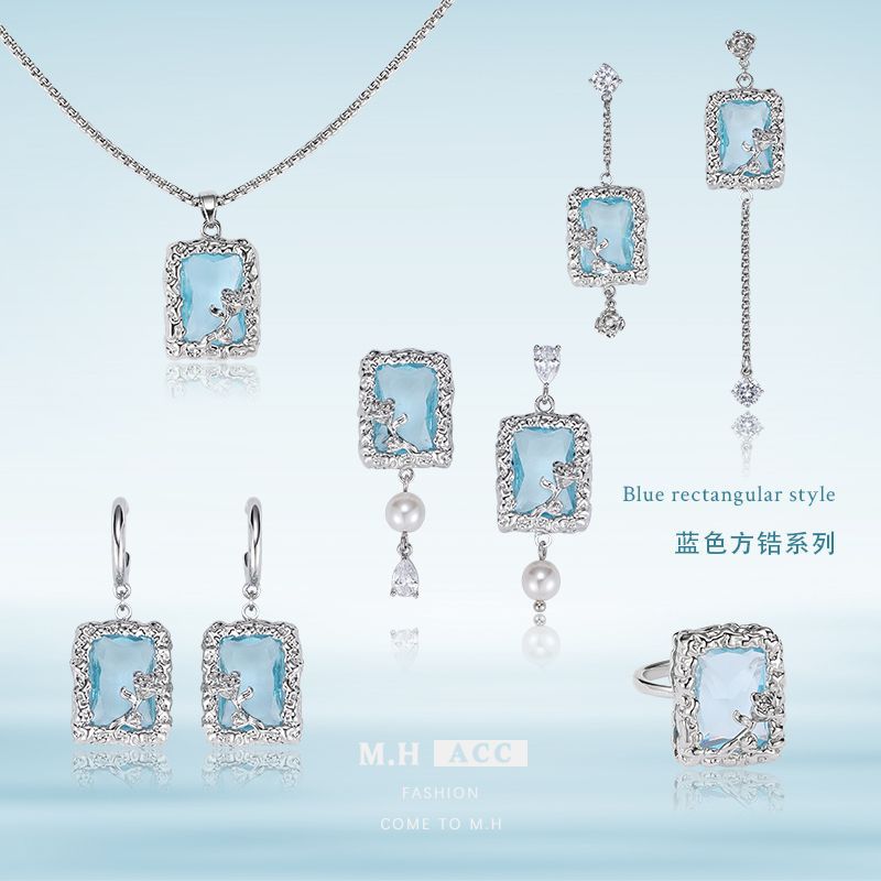 Original design square blue zircon series women's fashion, versatile and high-end necklaces, earrings, rings and accessories wholesale full figure