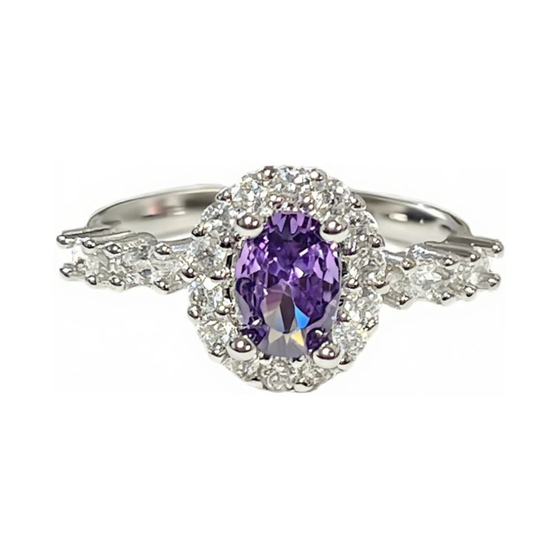 Sweet and cool purple diamond three-dimensional flower tassel unique open ring, women's oval full diamond exquisite, niche and light luxury ring trend Item Picture