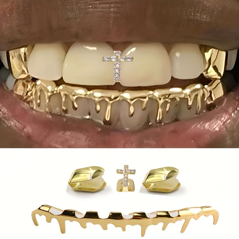 Cross-border best-selling water drop eight-tooth hip-hop braces, HIPHOP cross teeth five-piece set, stage prop braces full figure