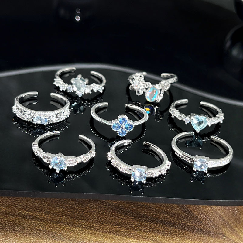 French cold and elegant blue diamond geometric micro-set open ring, women's Instagram cold style, light luxury and simple moonstone ring Application Scenario