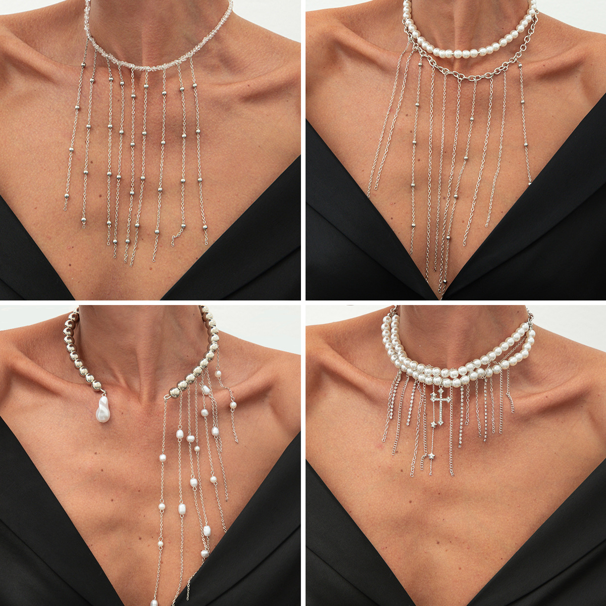 European and American cross-border jewelry design sense metal cross pendant necklace, light luxury layered pearl tassel collarbone chain full figure