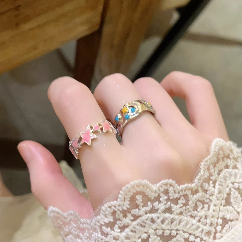 Pink star-colored drip glaze open ring, niche design, cold style, high-end feel, light luxury, individual and simple ring Specification drawing