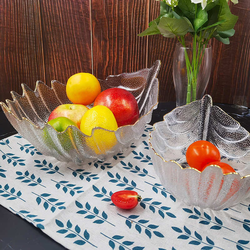 Creative golden-edge feather glass bowl, large fruit plate, vegetable salad bowl, Nordic-style home restaurant, candy plate, fruit Specification drawing