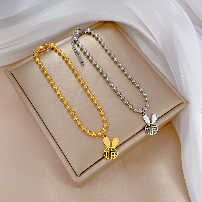 【 All-titanium Steel 】 Dongdaemun's unique and elegant forest-themed "Fu" character rabbit round bead bracelet, a retro best friend of a female Internet celebrity Specification drawing