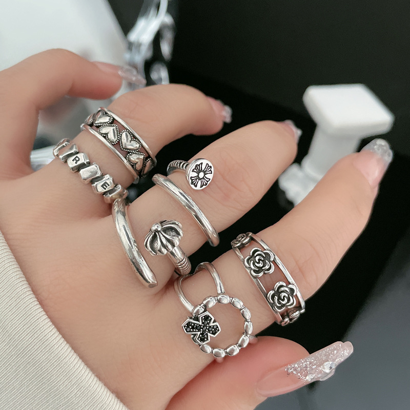 Retro and aged, fashionable, versatile, simple and open ring with nail, plain ring, women's Instagram cold style irregular index finger ring Application Scenario