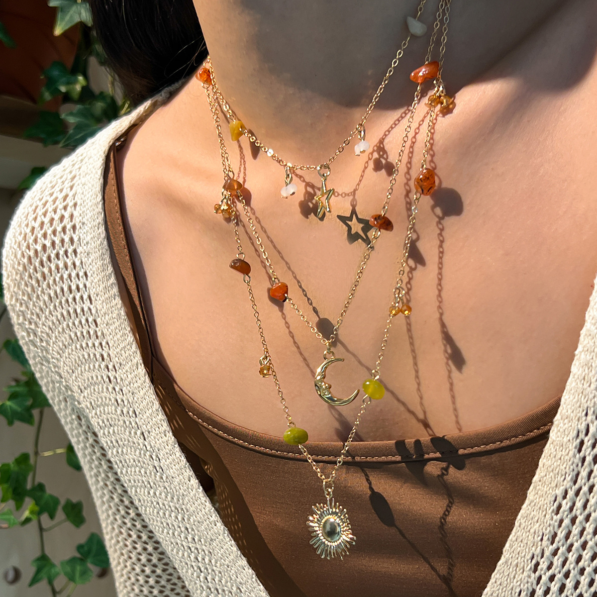 European and American cross-border jewelry, Bohemian niche crushed stone beaded necklace, vintage chain tassel collarbone chain set Specification drawing