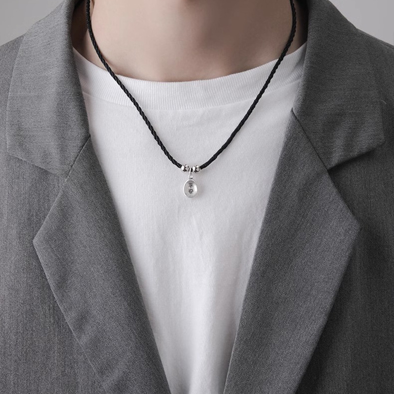 "Wish" Versatile and simple peace and fortune pendant Black rope necklace for couples, black rope woven collarbone chain for men and women, ins details Picture