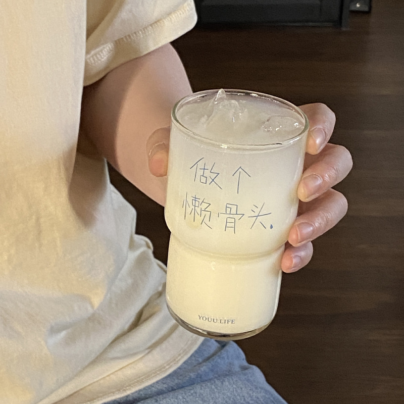 Be a laisseter ~ Artistic and niche text, simple glass cup, high-end style, ins coffee cup, high-temperature resistant water cup details Picture