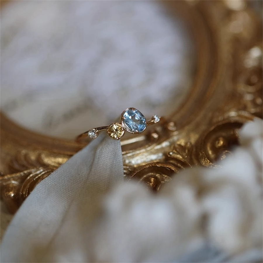Sea salt, ice lemon water, yellow crystal, sapphire ring, Japanese style, light luxury, high-end, niche design, versatile open ring Specification drawing