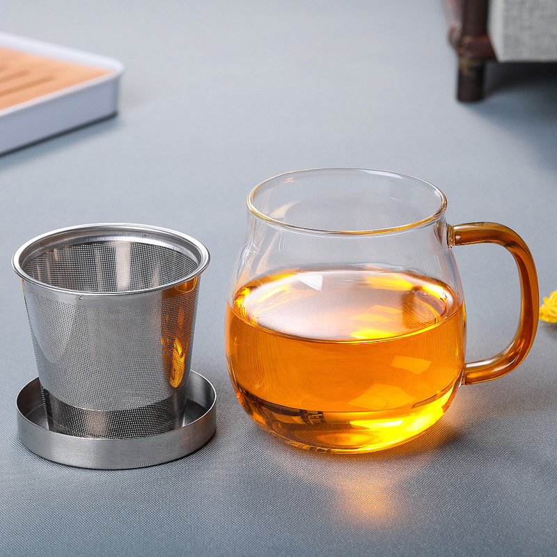Thickened glass cups, water cups, stainless steel LIDS, transparent cups, wholesale household water cups, tea brewing cups with LIDS, filter flower tea cups details Picture