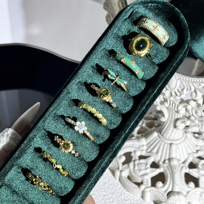 The new trend of enamel drop glaze ring, a unique and niche design with a sense of sophistication and freshness, and an olive green opening ring details Picture