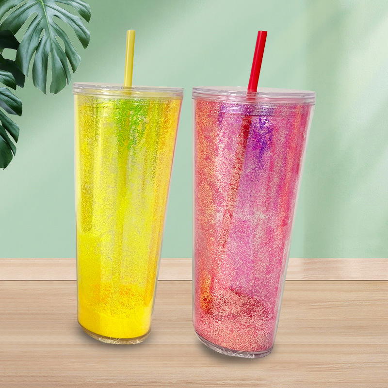 【 Processing and Customization 】 Double-layer laser glitter straw cup, girls' plastic cup, drinking cup, students' water cup, 710ml details Picture