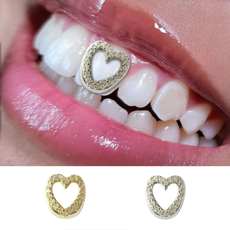 Jinwu Hollowed-out heart-shaped zircon braces, cool and shiny gold teeth for daily outings, hip-hop versatile cross-border accessories wholesale full figure