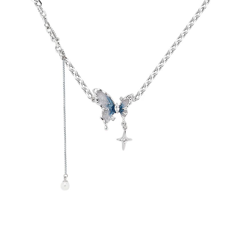 Cold blue and white oil-dripping butterfly necklace, women's light luxury and niche design sense collarbone chain, fresh and sweet necklace wholesale Item Picture