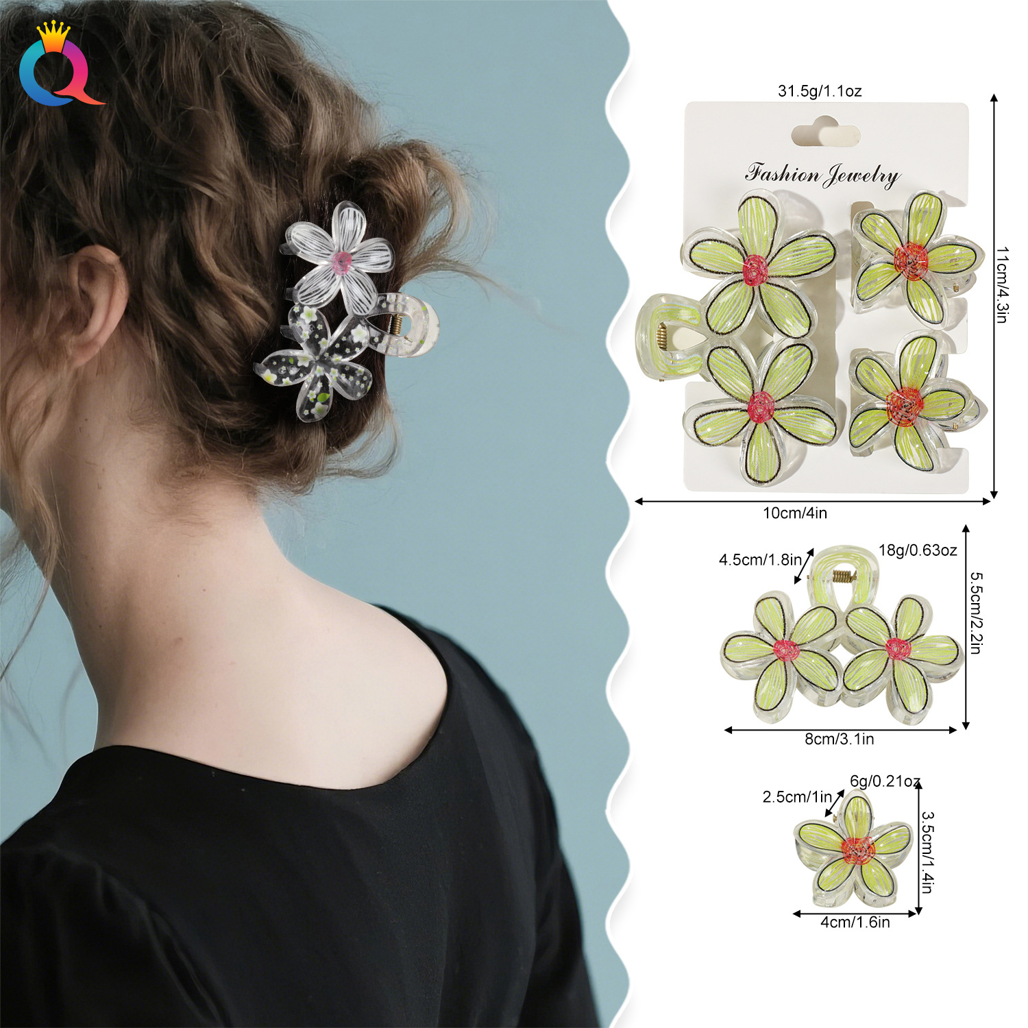 The Qiyue printed Double Flower Hair Clip set exudes a sense of sophistication. The flower clip is an elegant lady's hair accessory, and the side clip is a shark clip details Picture