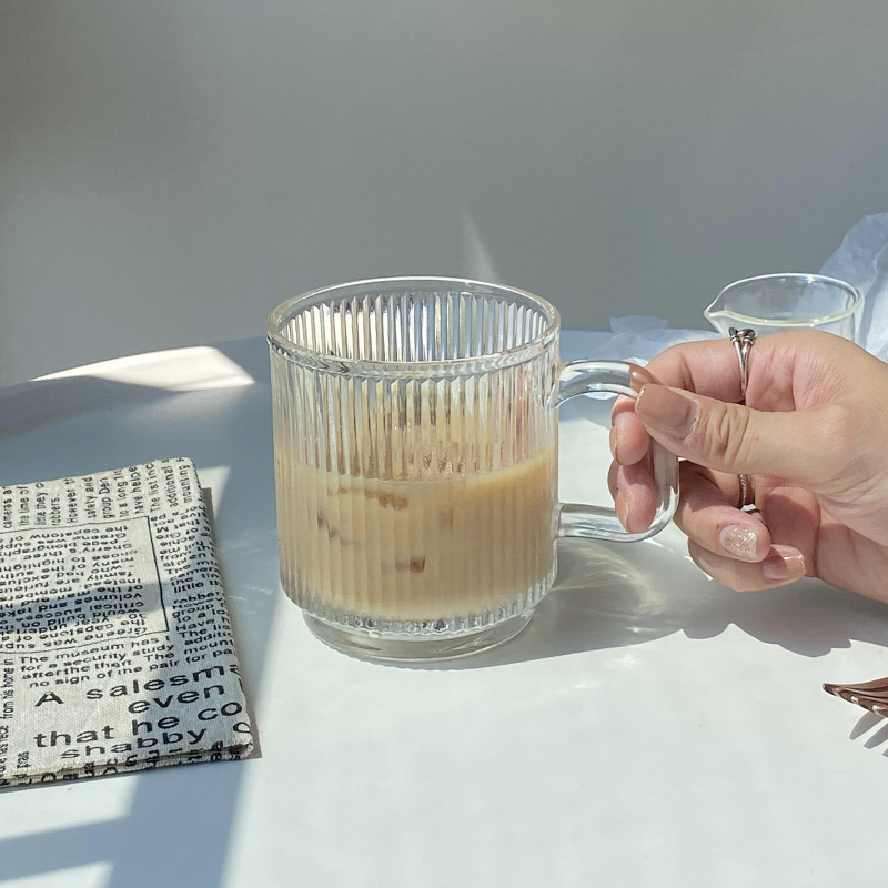 ins French-style glass water cup with handle, coffee milk cup, striped cup, coffee cup, cold drink cup, water cup for women Specification drawing