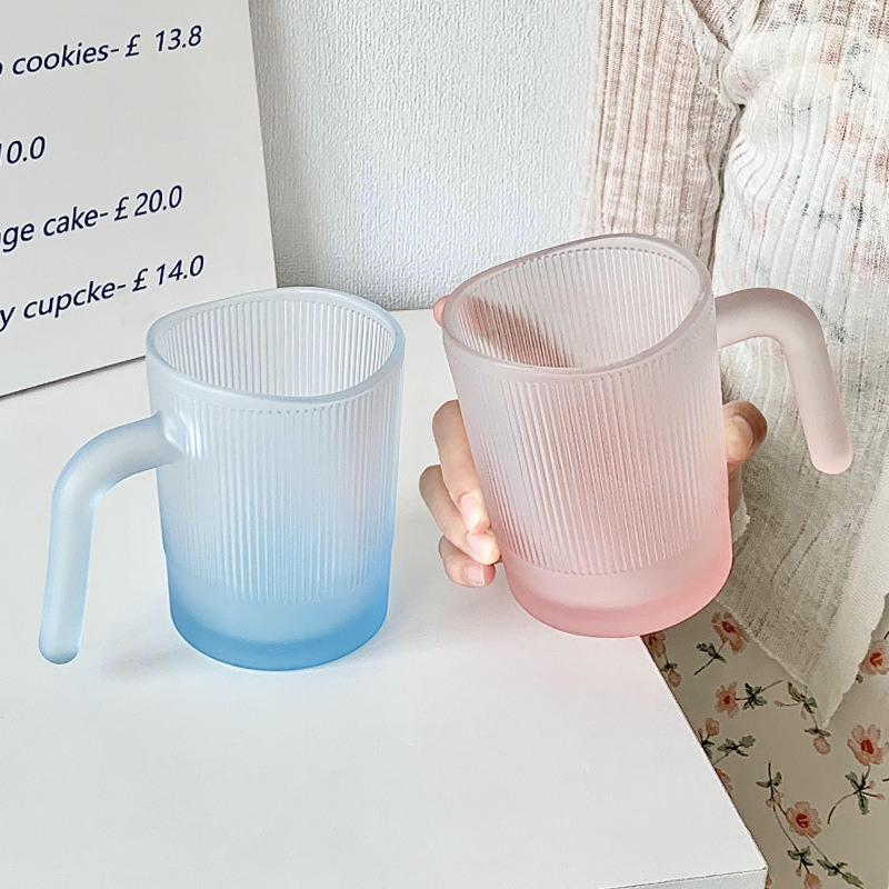 Ins-style lip-rim glass cup with vertical stripes, home frosted gradient color milk cup, high appearance level water cup for women details Picture