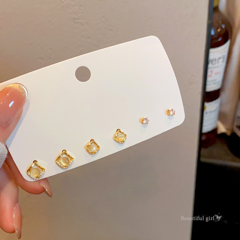 S925 Silver Needle square cat's eye stone ear Stud Women's six-piece set, small and exquisite micro-inlaid high-end earrings, light luxury earrings Specification drawing