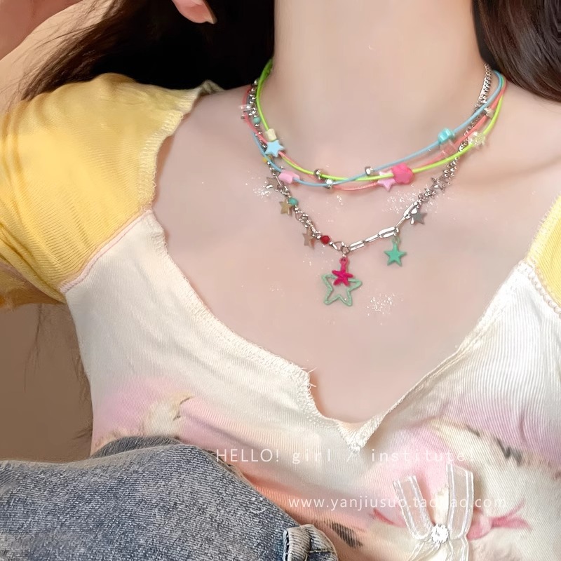 Dopamine colorful star necklace for girls, cute, sweet and cool y2k stacked collarbone chain, light luxury and niche choker necklace full figure