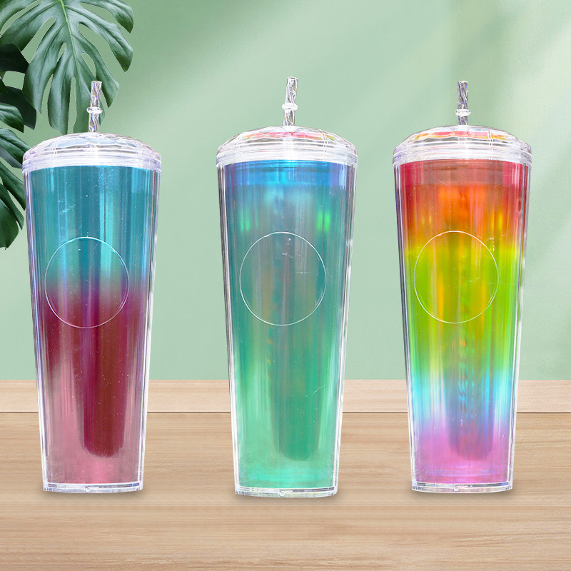 【 Processing and Customization 】 Wholesale of cross-border fashion straw cups, colorful double-layer heat-resistant water cups, office and home water cups full figure