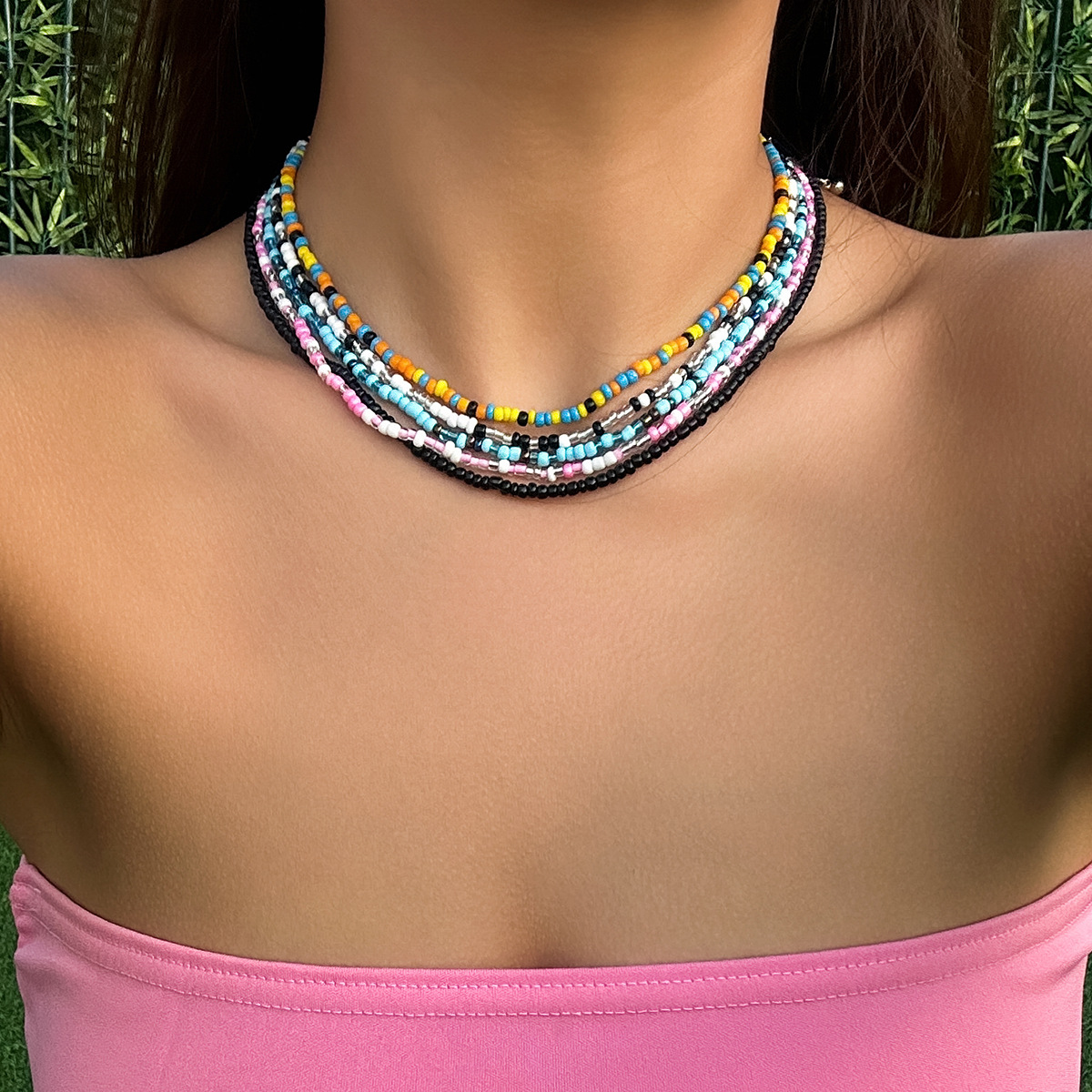 European and American cross-border jewelry, summer pastoral beaded short collarbone chain, sweet and simple vacation style rice bead necklace details Picture