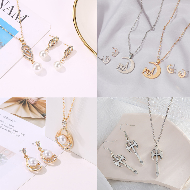 Cross-border best-selling diamond-encrusted pearl jewelry set, women's fashionable and elegant geometric flower water drop necklace and earring set Application Scenario