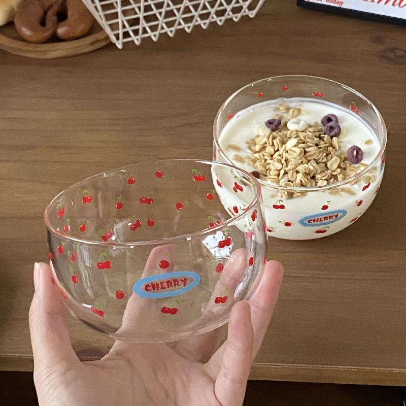 Cute and girlish red cherry dessert bowl, niche Korean ins high-temperature resistant glass bowl, yogurt cup breakfast bowl Specification drawing