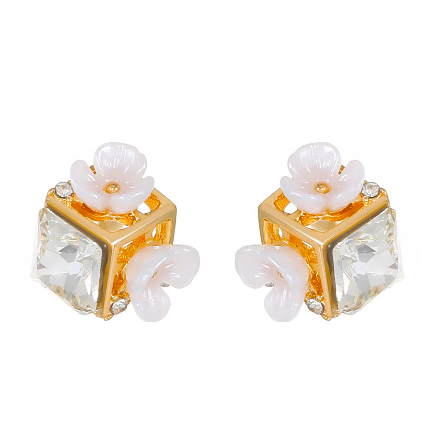 French light luxury square diamond-encrusted flower stud earrings for women in an ins style, European and American personality and temperament, small sugar flower earrings trend Item Picture