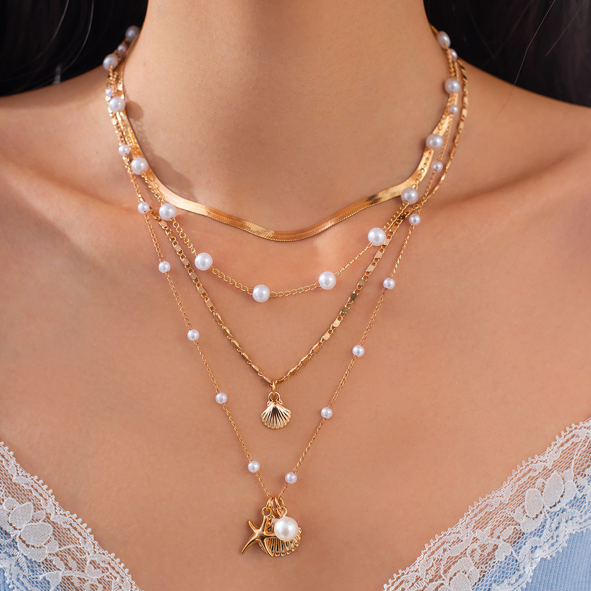 European and American cross-border jewelry ocean-style metal starfish shell necklace set, design sense pearl chain collarbone chain full figure