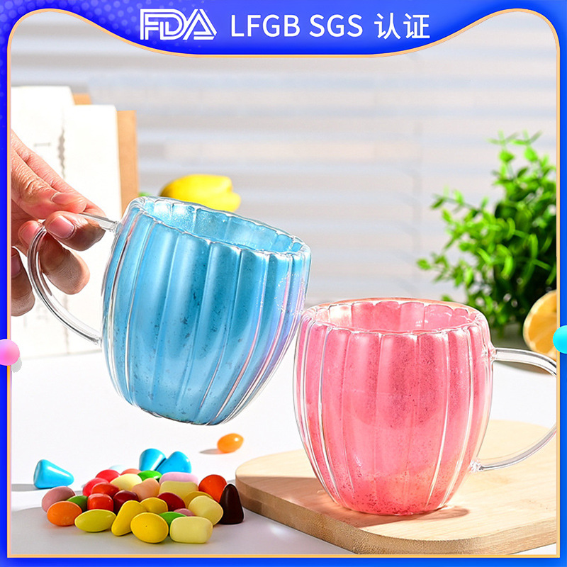 High borosilicate petal vertical striped glass cup, home color handle cup, home office breakfast coffee milk cup full figure