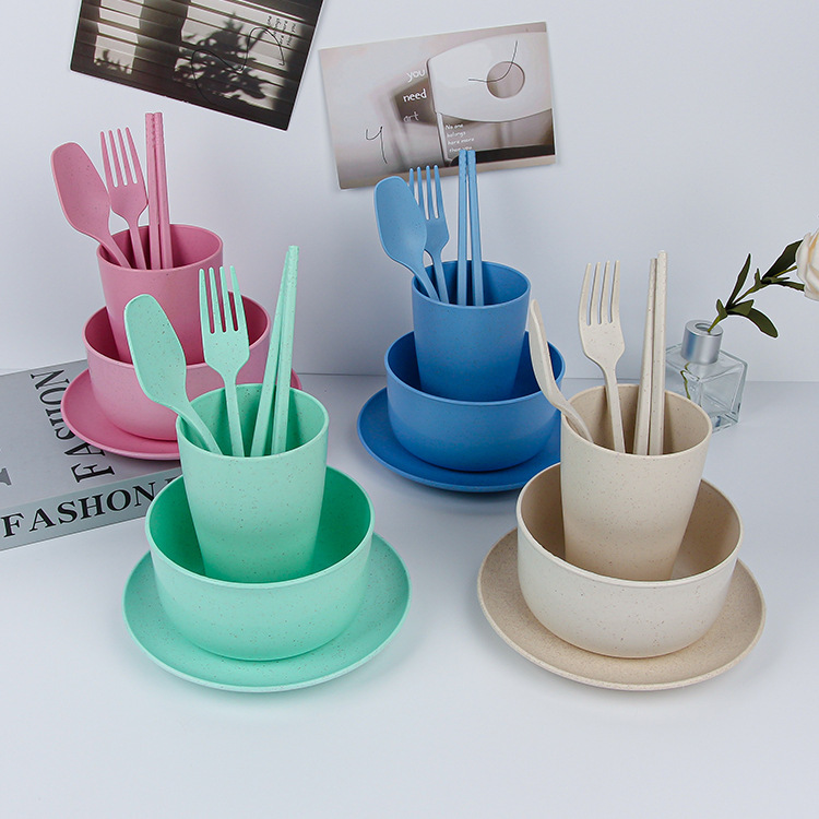 Cross-border Amazon wheat bowl, cup and plate portable tableware, paper box packaging, knife, fork, spoon, salad plate set, gift set Specification drawing